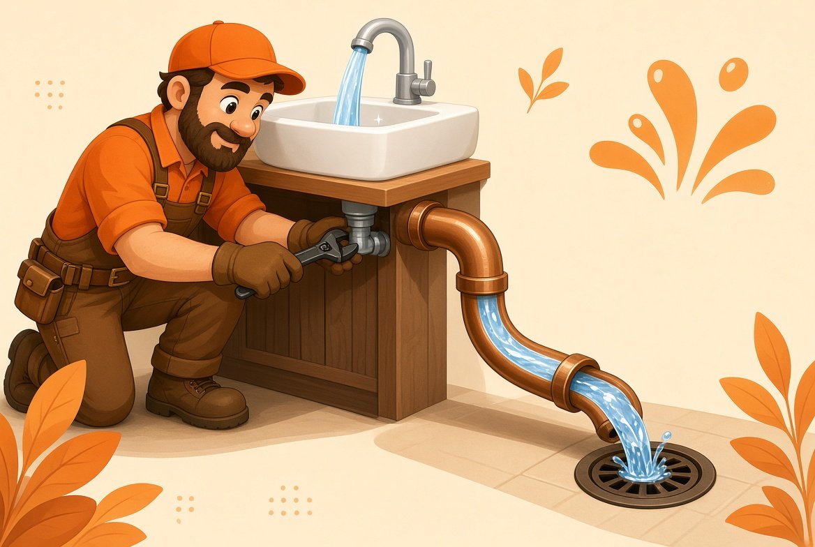 Friendly plumber fixing a sink with water flowing perfectly